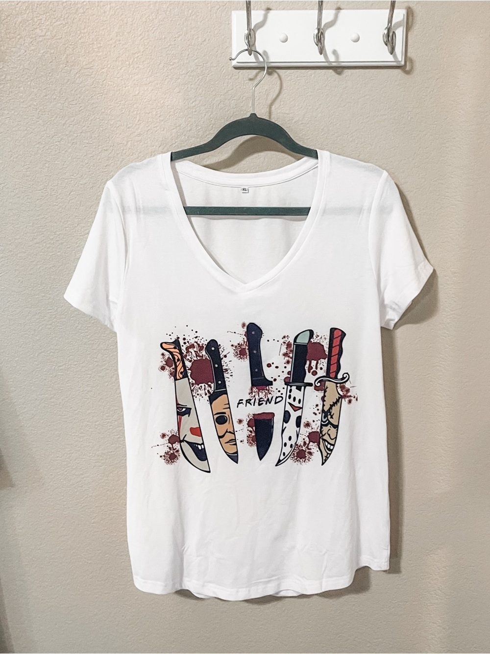 White Graphic V-Neck Tee – Friend Knife Print